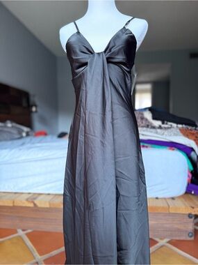 Satin Black Midi Slip Dress with Twist Front
